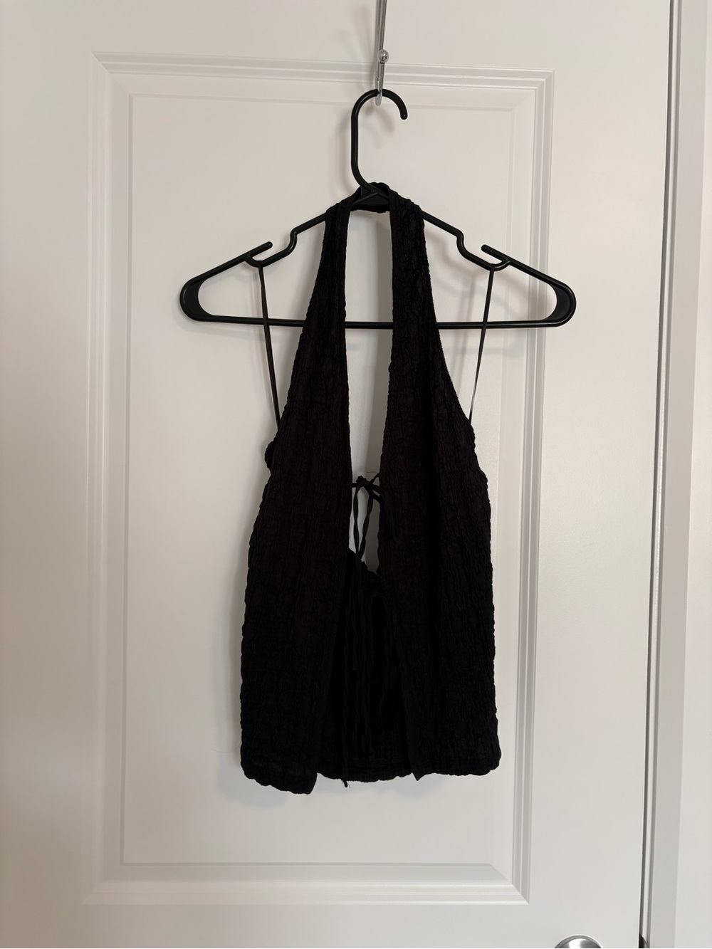 Zara Black Textured Halter Crop Top with Tie Back